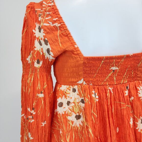 Urban Outfitters Floral Top Size XS Square Neck Orange Long Sleeve Smocked Y2K - Picture 6 of 16